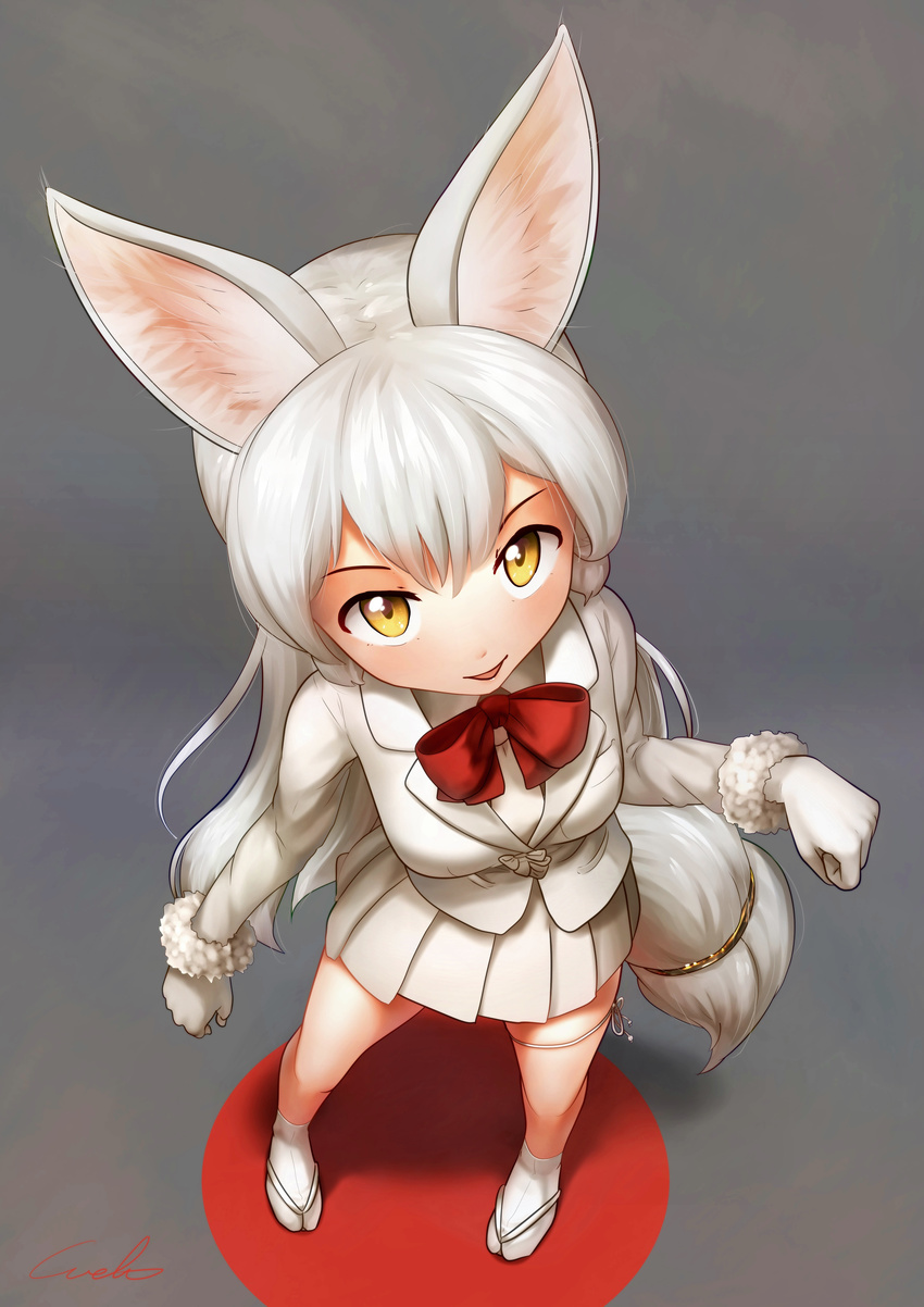 absurdres animal_ears breasts fox_ears fox_tail fur_trim gloves highres kemono_friends long_hair looking_at_viewer looking_up medium_breasts oinari-sama_(kemono_friends) open_mouth skirt solo tail tail_ring welt_(kinsei_koutenkyoku) yellow_eyes