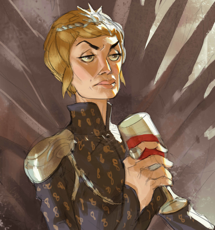 absurdres armor blonde_hair brown_eyes cersei_lannister crown cup drinking_glass game_of_thrones highres iron_throne jewelry mole_above_mouth ramonn90 ring short_hair shoulder_armor wine_glass