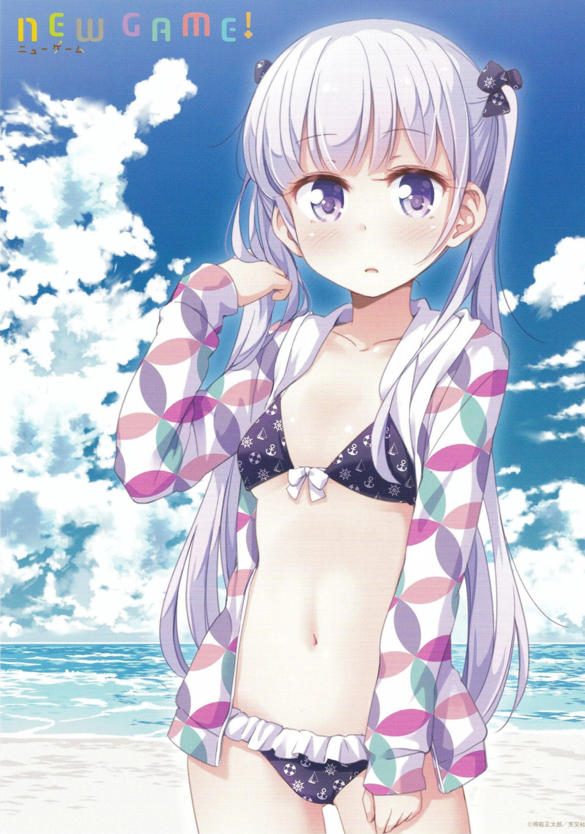 absurdres anchor_print bangs beach bikini black_bikini black_ribbon blush boat breasts cloud cloudy_sky collarbone copyright_name cowboy_shot day frilled_bikini_bottom frills hair_ornament hair_ribbon hand_up highres hood hoodie horizon jacket lifebuoy light_frown long_hair long_sleeves looking_at_viewer navel new_game! ocean open_clothes open_hoodie outdoors parted_lips print_bikini print_hoodie purple_eyes purple_hair ribbon sailboat sand scan seaside ship's_wheel shippou_(pattern) sky sleeves_past_wrists small_breasts solo standing suzukaze_aoba swimsuit text_focus thighs tokunou_shoutarou twintails underboob unmoving_pattern water watercraft white_jacket
