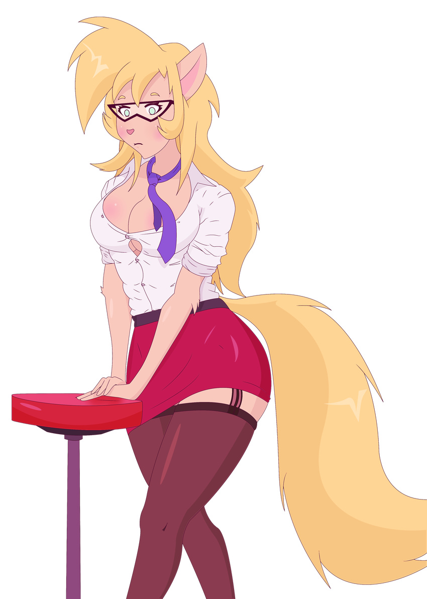 big_breasts blonde_hair breasts callie_briggs cat clothed clothing eyewear feline female garter_belt garter_straps glasses green_eyes hair mammal naitokitsune stool swat_kats