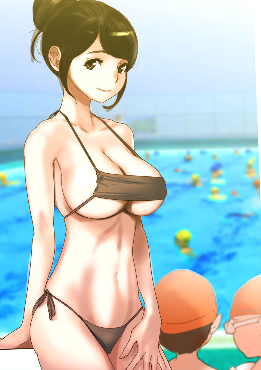 arm_support bikini black_bikini blurry blurry_background breasts brown_eyes brown_hair cleavage closed_mouth commentary_request dytm highres indoors large_breasts looking_at_viewer navel original outside_border people pool pool_monitor_part-timer_(dytm) short_hair side-tie_bikini smile solo_focus standing swimsuit water