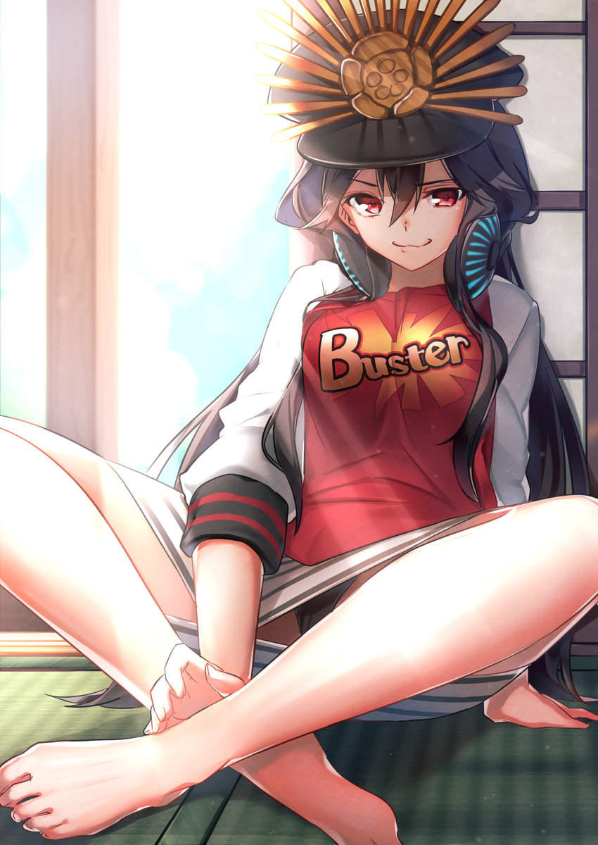 absurdres ayamori_mimi black_hair breasts buster_shirt fate/grand_order fate_(series) hat headphones headphones_around_neck highres koha-ace long_hair looking_at_viewer medium_breasts oda_nobunaga_(fate) oda_nobunaga_(swimsuit_berserker)_(fate) panties pantyshot pantyshot_(sitting) peaked_cap red_eyes sitting solo tatami underwear very_long_hair