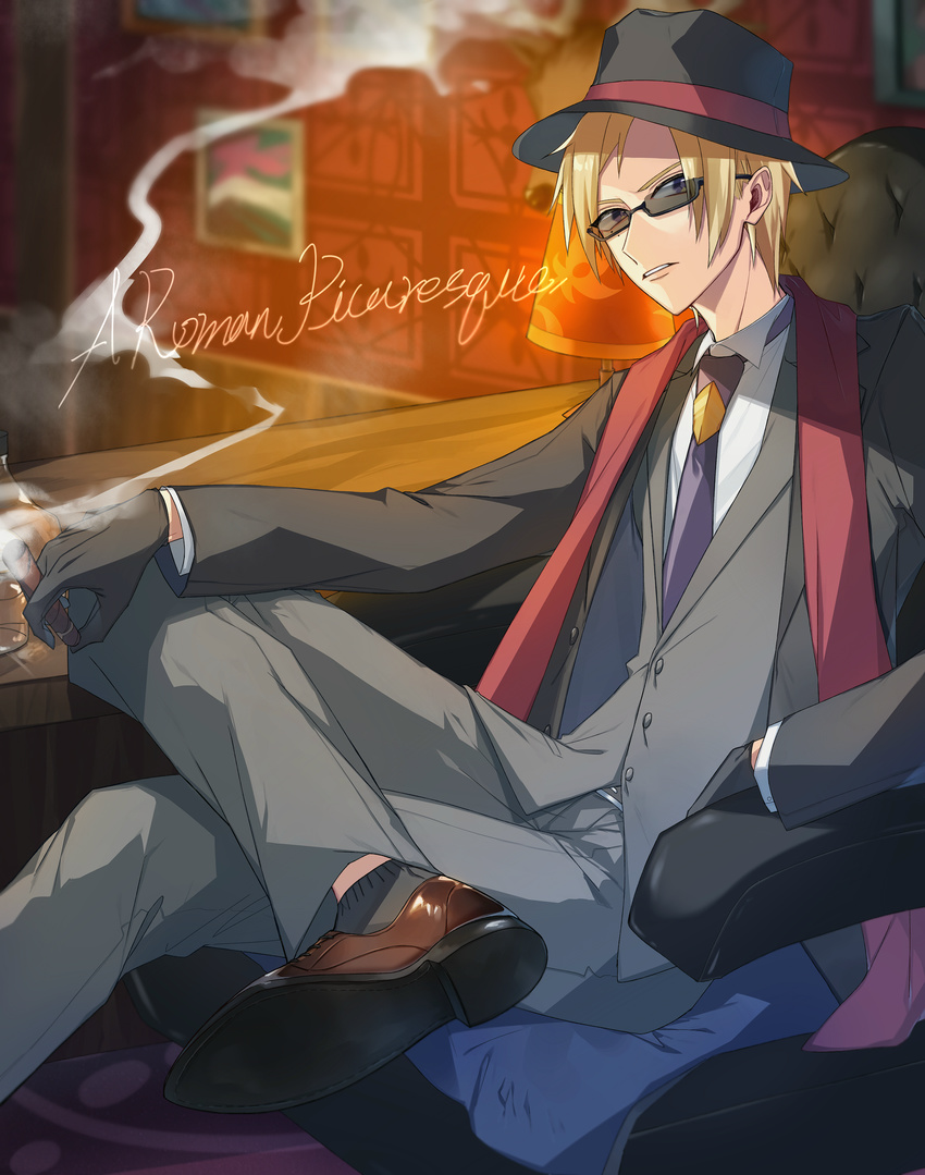 a3! absurdres black_gloves black_hair black_legwear black_neckwear black_suit blonde_hair brown_footwear chair cigar desk english formal furuichi_sakyou glasses gloves hat highres indoors isofutamiyo_(52) lamp looking_at_viewer male_focus necktie shoes sitting smoke socks solo suit