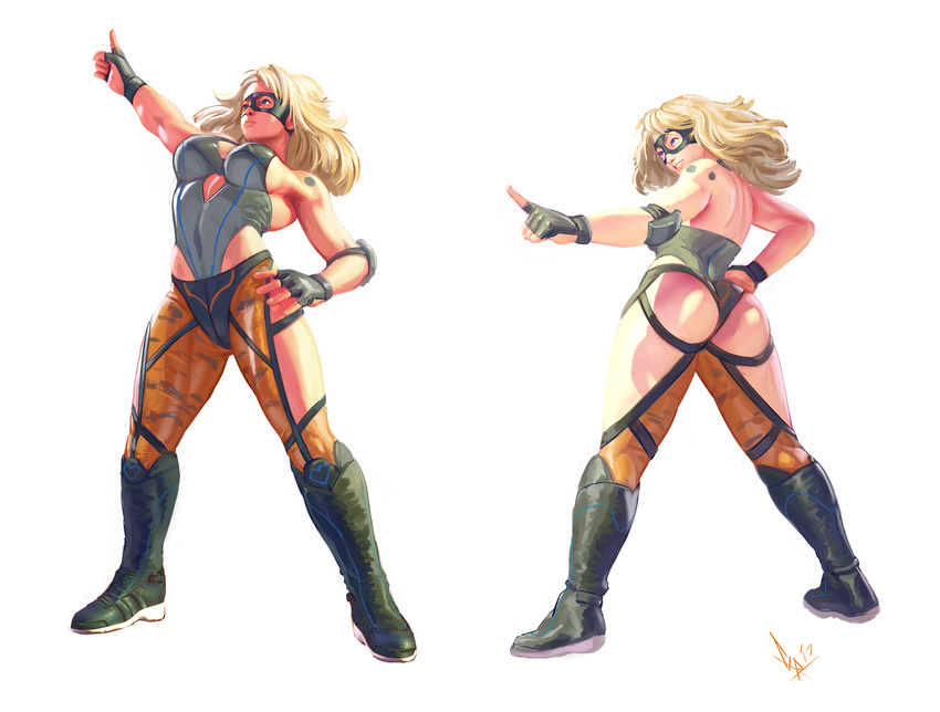 absurdres alternate_hair_length alternate_hairstyle ass blonde_hair blue_eyes boots breasts chaps cleavage commentary cosplay cosplay_request diepod domino_mask fingerless_gloves full_body gloves hair_down highleg highleg_leotard highres knee_boots large_breasts leotard long_hair mask multiple_views rainbow_mika street_fighter street_fighter_v white_background