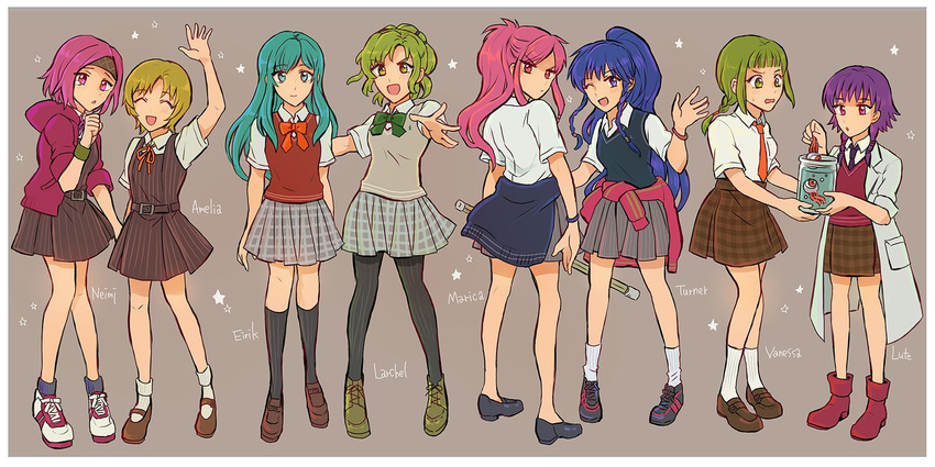 blonde_hair blue_eyes blush eirika fire_emblem fire_emblem:_seima_no_kouseki highres l'arachel long_hair looking_at_viewer lute_(fire_emblem) marica_(fire_emblem) multiple_girls neimi noshima open_mouth pantyhose pink_hair pointy_ears school_uniform short_hair skirt smile tana vanessa_(fire_emblem)