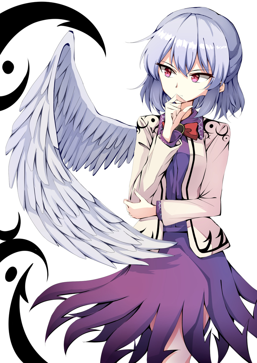 absurdres bow bowtie chin_hold feathered_wings highres jacket kishin_sagume mimottei open_clothes open_jacket silver_hair single_wing solo thinking touhou white_wings wings