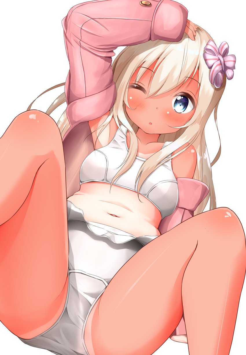 blonde_hair blue_eyes collarbone commentary hair_between_eyes highres jacket kantai_collection long_hair long_sleeves mochiyuki nontraditional_school_swimsuit one-piece_tan one_eye_closed pink_jacket ro-500_(kantai_collection) school_swimsuit simple_background solo swimsuit tan tanline white_background white_school_swimsuit white_swimsuit