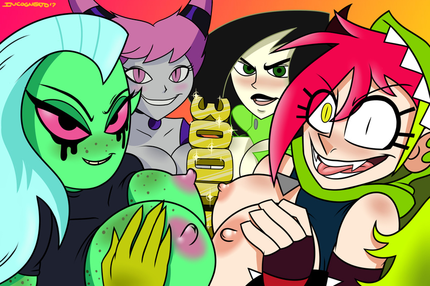 alien black_hair breasts dementia_(character) female freckles green_eyes green_skin group hair human humanoid incogneato jinx looking_at_viewer lord_dominator mammal nipples not_furry pink_eyes red_eyes red_hair shego teen_titans teeth tongue