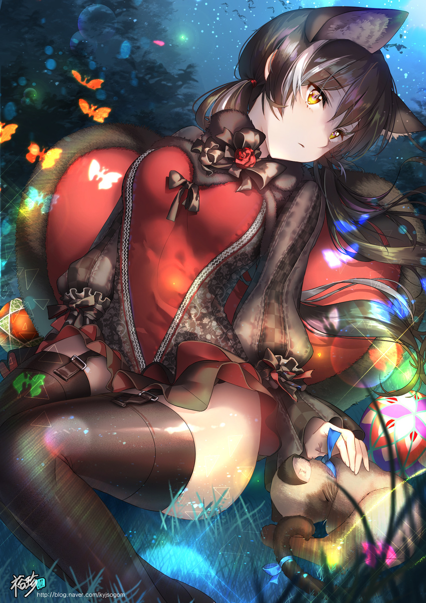 absurdres animal animal_ears ball bangs bird breasts brown_hair brown_legwear bug butterfly cat cat_ears cat_girl cat_tail closed_mouth eyebrows_visible_through_hair fingernails flower forest fur_trim garter_straps glowing_butterfly grass hair_ornament hair_tie highres insect kyjsogom looking_at_viewer low_twintails medium_breasts miniskirt multicolored_hair nature night night_sky original red_flower red_rose red_shirt rose shirt siamese_cat sitting skirt skirt_set sky solo sparkle star_(sky) starry_sky streaked_hair tail temari_ball thighhighs tree triangle twintails two-tone_hair watermark web_address white_hair yellow_eyes