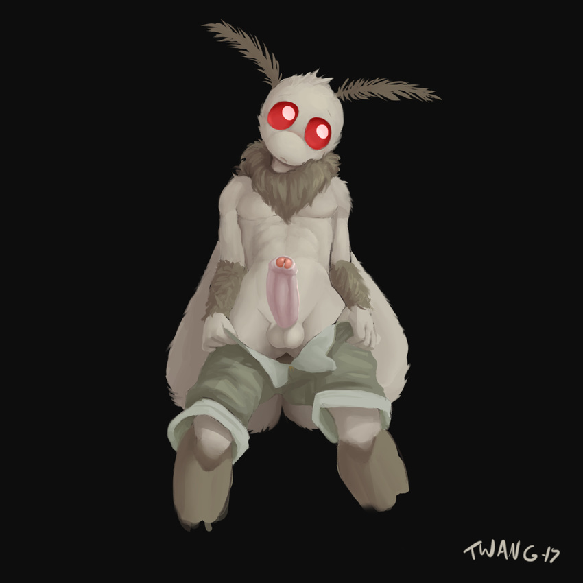 2017 abs antennae anthropod arm_hair arthropod balls black_background clothed clothing erection fur fur_tuft grey_bottomwear hi_res humanoid_penis insect long_penis looking_at_viewer male moth open_pants pants_down partially_clothed partially_retracted_foreskin penis red_eyes retracted_foreskin rowan_(twang) signature simple_background skinny solo tuft twang uncut undressing white_balls white_penis white_skin wings