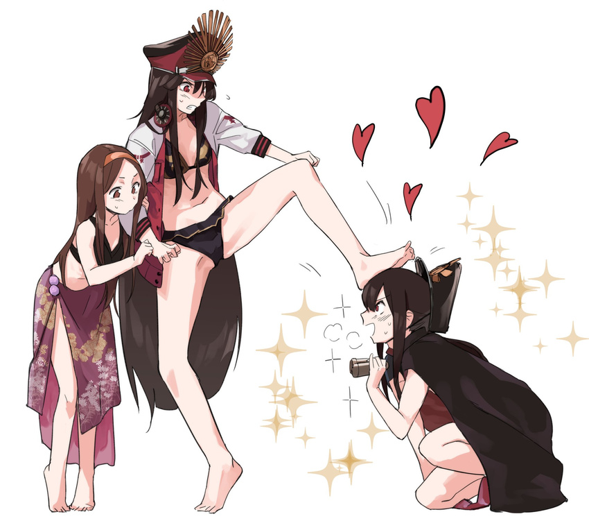 2girls barefoot bikini binoculars brown_eyes brown_hair cape chacha_(fate/grand_order) fate/grand_order fate_(series) foot_on_head hairband hat highres implied_incest jacket letterman_jacket long_hair muchi_maro multiple_girls oda_nobukatsu_(fate/grand_order) oda_nobunaga_(fate) oda_nobunaga_(swimsuit_berserker)_(fate) peaked_cap red_eyes sarong sidelocks swimsuit very_long_hair white_background