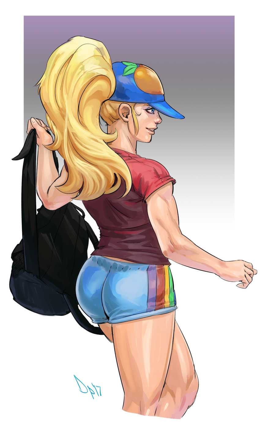 alternate_hairstyle ass backpack bag baseball_cap blonde_hair blue_eyes casual cropped_legs diepod from_behind hat highres lips long_hair ponytail rainbow_mika shirt short_shorts shorts solo street_fighter street_fighter_v t-shirt toned very_long_hair