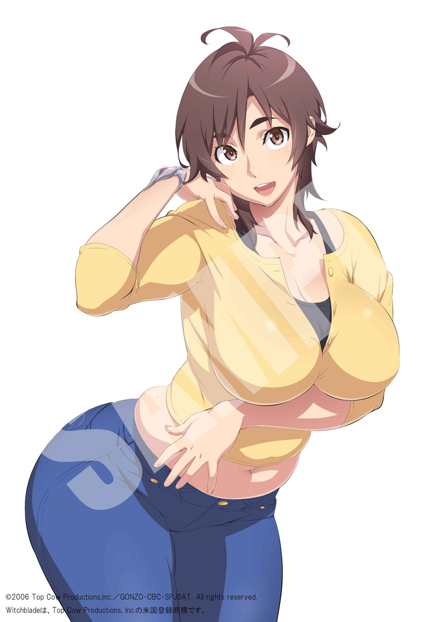 :d absurdres amaha_masane antenna_hair belly bracelet breast_hold breasts brown_eyes brown_hair cleavage commentary_request cowboy_shot eyebrows_visible_through_hair hand_on_own_shoulder highres jewelry large_breasts looking_at_viewer midriff navel official_art open_mouth plump sample short_hair smile solo thick_eyebrows uno_makoto witchblade