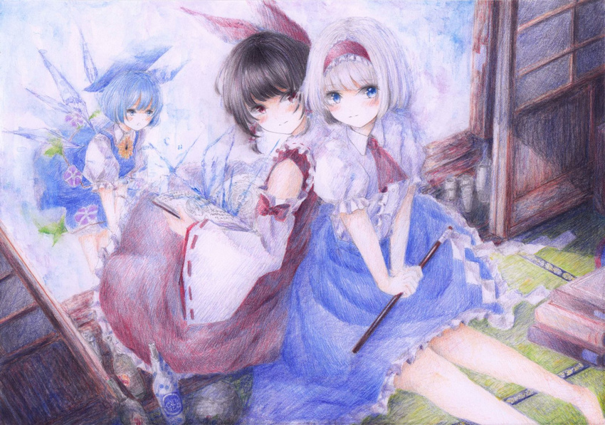 alice_margatroid alternate_costume back-to-back barefoot black_hair blonde_hair blue_dress blue_eyes blue_hair blue_skirt blush book book_stack bottle bow cirno colored_pencil_(medium) darkkanan detached_sleeves dress dutch_angle expressionless flower frilled_shirt frills from_above gohei hair_bow hair_tubes hairband hakurei_reimu hands_on_lap hands_together highres indoors lolita_hairband looking_at_viewer looking_back morning_glory multiple_girls open_book outstretched_leg pastel_(medium) puffy_short_sleeves puffy_sleeves red_eyes ribbon-trimmed_sleeves ribbon_trim shirt short_hair short_sleeves sitting skirt skirt_set sliding_doors sunflower tatami touhou traditional_media watercolor_(medium) white_shirt wings
