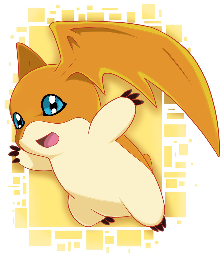 blue_eyes cute digimon digitigrade male mammal membranous_wings open_mouth orange_skin patamon sarah_richford simple_background solo tongue white_background wings