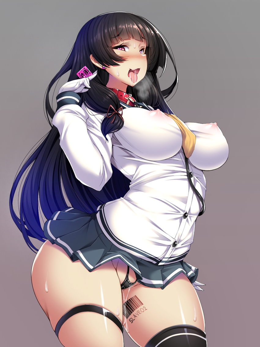 :p barcode barcode_tattoo black_hair black_legwear blush brainwashing breasts collar corruption gloves grey_background highres holding isokaze_(kantai_collection) kantai_collection large_breasts leash long_hair nipples partially_visible_vulva puffy_nipples pussy_juice raised_eyebrows simple_background skindentation skirt solo tattoo thighhighs thighs tongue tongue_out torisan very_long_hair