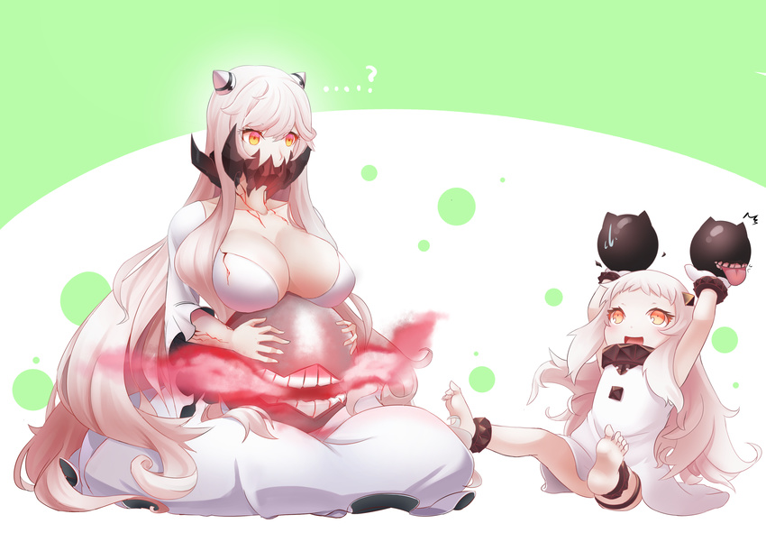 ? absurdres anklet barefoot bracelet breasts collarbone commentary_request covered_mouth dress feet_up floating_fortress_(kantai_collection) full_body highres horns jewelry jiguang_zhi_aoluola kantai_collection kneeling large_breasts long_hair midway_hime multiple_girls northern_ocean_hime open_mouth pale_skin red_eyes shinkaisei-kan sitting spoken_question_mark tongue tongue_out veins very_long_hair white_dress white_hair