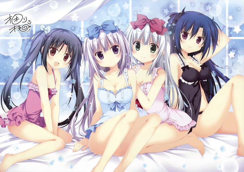 :d absurdres airi_(alice_or_alice) alice_or_alice babydoll barefoot between_legs black_hair black_ribbon blue_bow blue_hair blush bow breasts brown_eyes cleavage closed_mouth collarbone frills green_eyes hair_bow hair_ribbon hand_behind_head hand_between_legs head_tilt highres huge_filesize kisaki_(alice_or_alice) korie_riko lavender_hair lens_flare long_hair looking_at_viewer medium_breasts multiple_girls navel official_art open_mouth parted_lips purple_eyes red_bow ribbon rise_(alice_or_alice) scan siblings silver_hair sisters sitting smile star twins twintails two_side_up underwear underwear_only v_arms very_long_hair yamiri_(alice_or_alice)