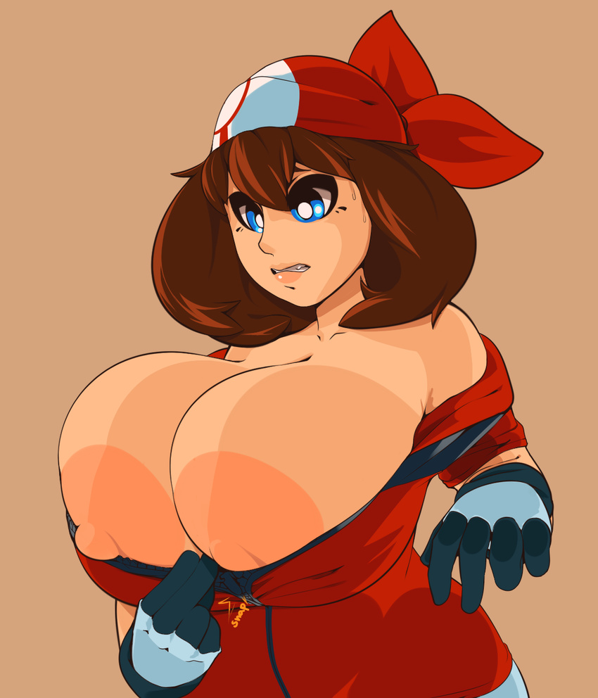 1girl areolae bandanna blue_eyes blush bouncing_breasts breasts breasts_outside brown_hair center_opening cleavage clenched_teeth collarbone haruka_(pokemon) highres huge_breasts large_areolae nipples plantpenetrator pokemon pokemon_(game) pokemon_rse simple_background solo upper_body wardrobe_malfunction white_background zipper zipper_pull_tab