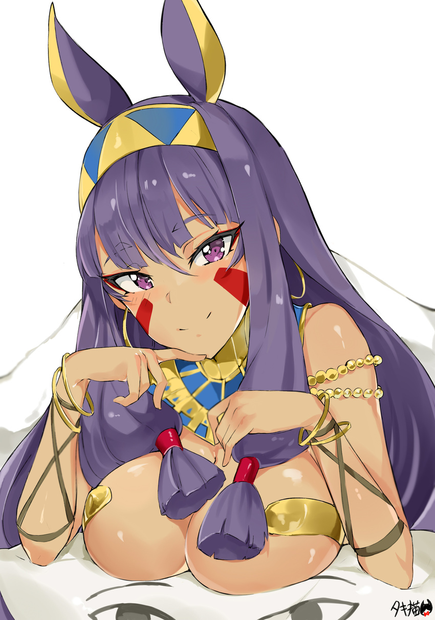 absurdres bangs bare_shoulders blunt_bangs blush bracelet breast_press breasts closed_mouth commentary_request dark_skin earrings egyptian egyptian_clothes eyebrows_visible_through_hair facial_mark fate/grand_order fate_(series) hair_between_eyes hair_tubes hairband highres hoop_earrings jewelry large_breasts long_hair looking_at_viewer lying medjed nitocris_(fate/grand_order) on_stomach purple_eyes purple_hair revealing_clothes sidelocks smile solo tuxedo_de_cat under_covers