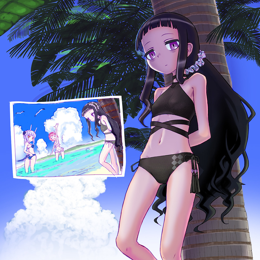 :d alternate_hairstyle arm_up arms_behind_back ass ass_visible_through_thighs bags_under_eyes beach bikini bird black_bikini black_hair black_swimsuit blue_bikini breasts brown_eyes brown_hair choker closed_eyes closed_mouth cloud commentary_request day dragon_horns dragon_tail expressionless frilled_swimsuit frills from_below groin hairband halterneck hardgore_alice hayanye horns la_pucelle_(mahoiku) lolita_hairband long_hair looking_back low_ponytail magical_girl mahou_shoujo_ikusei_keikaku mahou_shoujo_ikusei_keikaku_unmarked medium_breasts multiple_girls navel open_mouth outdoors palm_tree partially_submerged photo_(object) pink_hair purple_eyes seagull short_hair sky slit_pupils small_breasts smile snow_white_(mahoiku) standing swimsuit tail tree very_long_hair