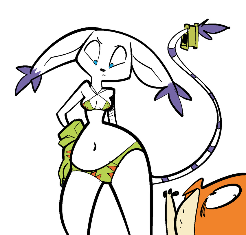 anthro bikini blue_eyes breasts claws clothing colored digimon ear_tuft female gatomon gloves long_tail navel oddjuice patamon pose small_breasts solo solo_focus swimsuit tail_ring thumbs_up tuft wide_hips