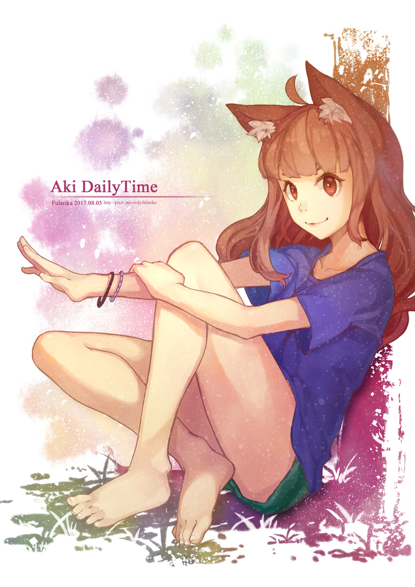 absurdres ahoge animal_ears artist_name bad_id bad_pixiv_id barefoot bracelet brown_hair closed_mouth dated fox_ears fularika grass highres jewelry long_hair looking_at_viewer original pixiv_username red_eyes shorts sitting sketch smile solo watermark web_address