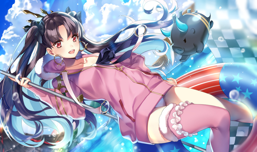 bangs black_hair blue_sky blurry bull checkered checkered_flag cloud cloudy_sky collarbone day depth_of_field earrings fate/grand_order fate_(series) flag floating_hair fur-trimmed_legwear fur_trim gugalanna hamada_pochiwo holding hoop_earrings horse innertube ishtar_(fate/grand_order) ishtar_(swimsuit_rider)_(fate) jewelry long_hair long_legs looking_at_viewer ocean outdoors parted_bangs pink_legwear red_eyes single_thighhigh sky solo sparkle swimsuit thighhighs thighs two_side_up white_swimsuit