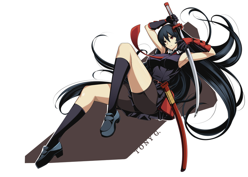 akame akame_ga_kill! armor armpits bare_shoulders black_dress black_gloves black_hair black_legwear breasts commentary dress full_body gloves hair_between_eyes holding holding_sword holding_weapon japanese_armor katana kote large_breasts loafers long_hair looking_away parted_lips red_eyes scabbard sheath shoes short_dress shorts_under_dress socks solo sword tony_guisado very_long_hair weapon