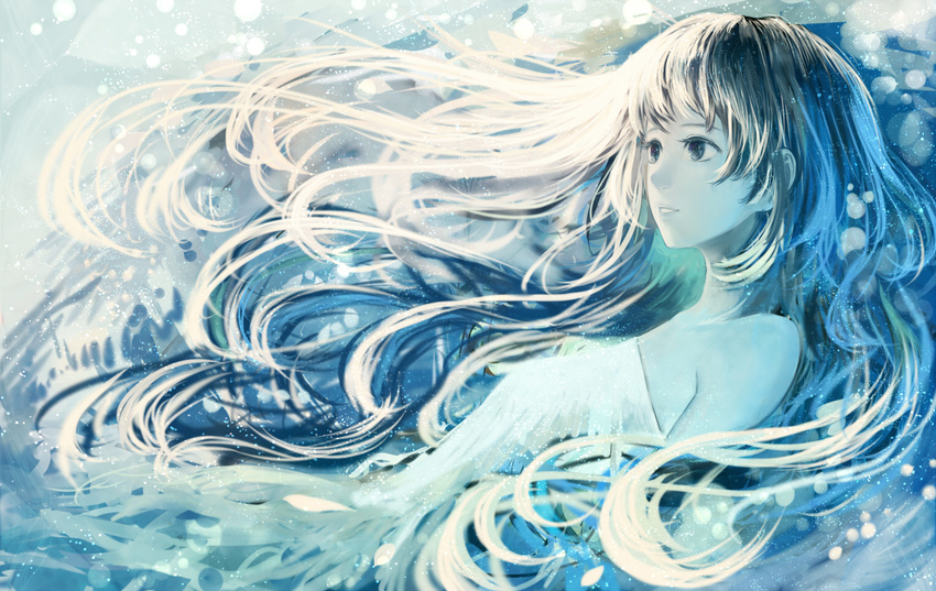 bangs bare_shoulders blue breasts commentary_request dress floating_hair long_hair looking_away medium_breasts original parted_lips sakimori_(hououbds) smile solo white_dress