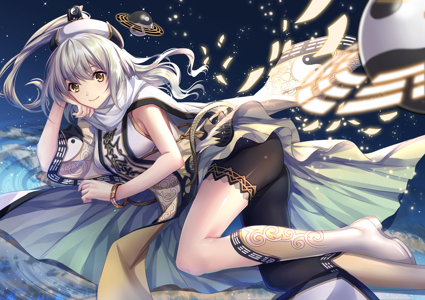 althea_(sakiya0000) ass bible_bullet blush boots breasts closed_mouth eyebrows_visible_through_hair highres knee_boots large_breasts long_hair looking_at_viewer silver_hair smile solo white_footwear yellow_eyes yin_yang