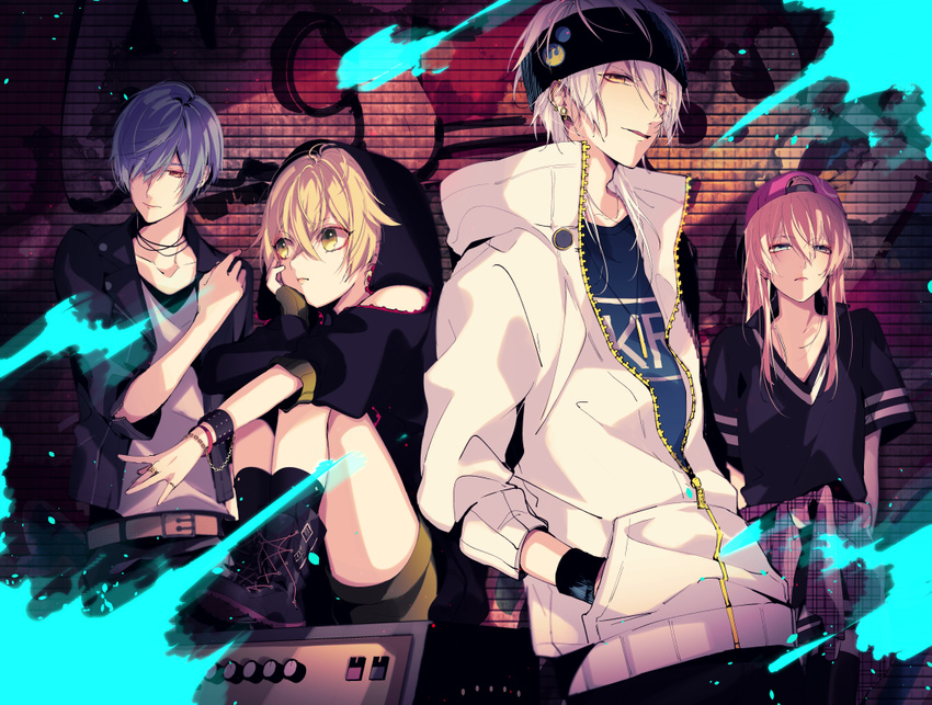 backwards_hat bandana baseball_cap belt blonde_hair blue_eyes blue_hair boots brick_wall chin_rest clothes_around_waist contemporary cross-laced_footwear graffiti green_eyes hair_over_one_eye hands_in_pockets hat hood hoodie hotarumaru ichigo_hitofuri jewelry lace-up_boots long_hair male_focus midare_toushirou mikanururu multiple_boys necklace ring sitting speaker touken_ranbu tsurumaru_kuninaga white_hair yellow_eyes