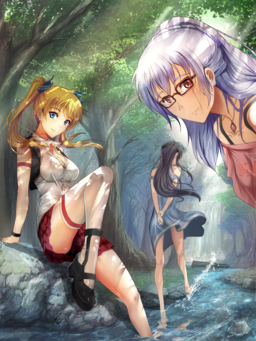 absurdres arms_behind_back bad_id bad_pixiv_id bangs bare_shoulders black_hair blonde_hair blue_dress blue_eyes blush braid breasts cleavage commentary crown_braid dappled_sunlight day dress forest hair_ribbon hairband highres jewelry large_breasts long_hair looking_at_viewer multiple_girls nature original partially_submerged pendant plaid plaid_skirt ponytail red_eyes ribbon river shirt silver_hair sitting skirt sleeveless sleeveless_shirt smile soyokaze sunlight thighhighs twintails wading white_legwear