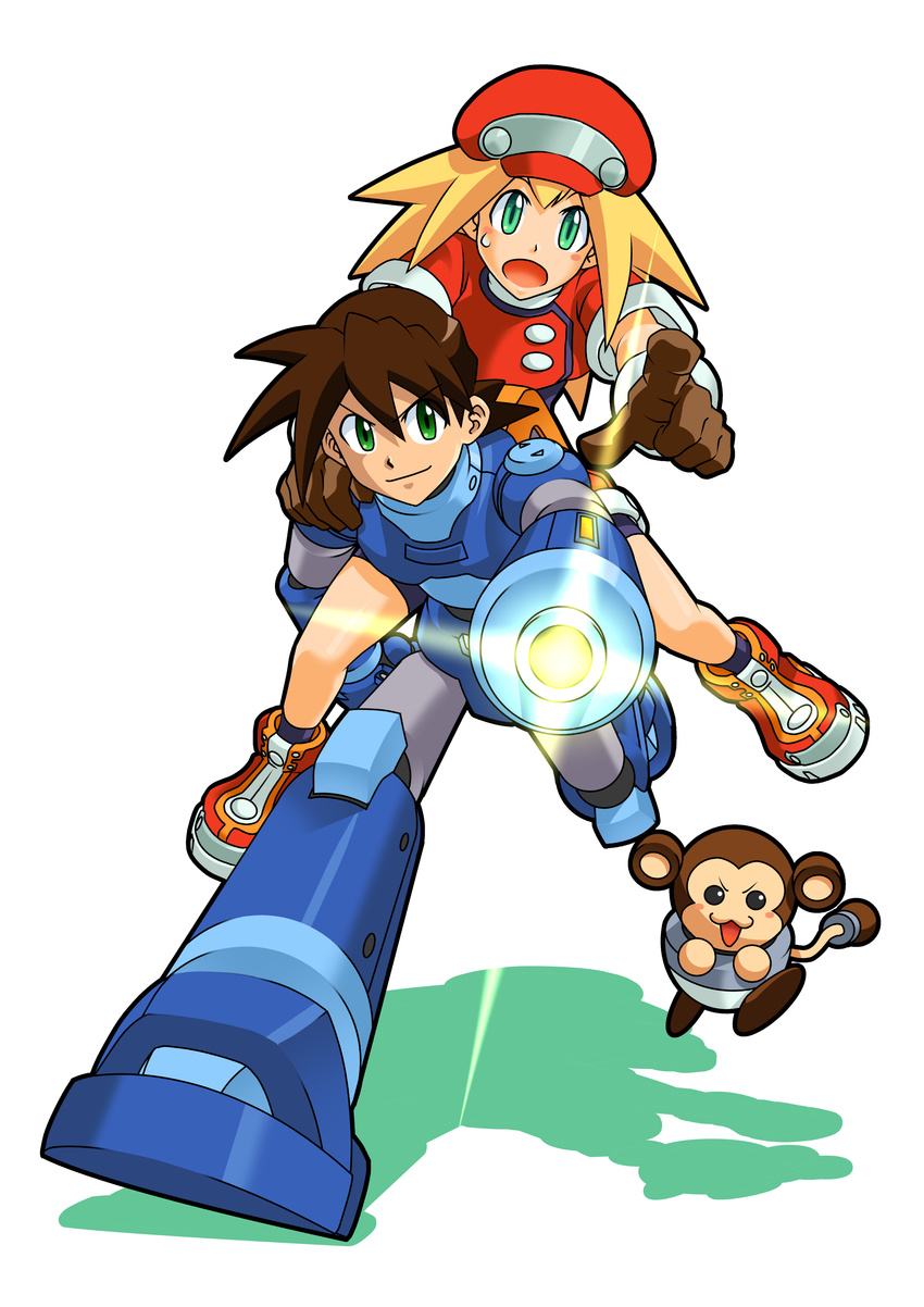 absurdres bike_shorts blonde_hair gloves green_eyes hat highres long_hair open_mouth red_shorts rock_volnutt rockman rockman_dash roll_caskett shorts smile taro9999