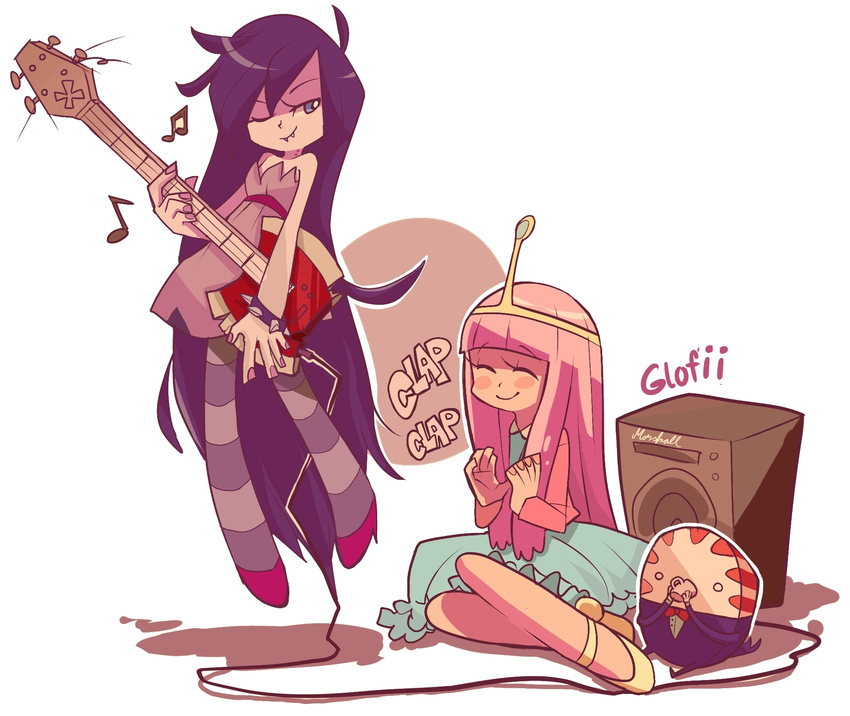 adventure_time amplifier axe bass_guitar beamed_eighth_notes bite_mark blush bow bowtie butler clapping crown cup dress eighth_note fangs froc_coat grey_skin highres instrument long_hair marceline_abadeer mug multiple_girls musical_note one_eye_closed outline peppermint_butler pink_hair princess_bonnibel_bubblegum purple_hair smile snovi striped striped_legwear vampire weapon white_outline