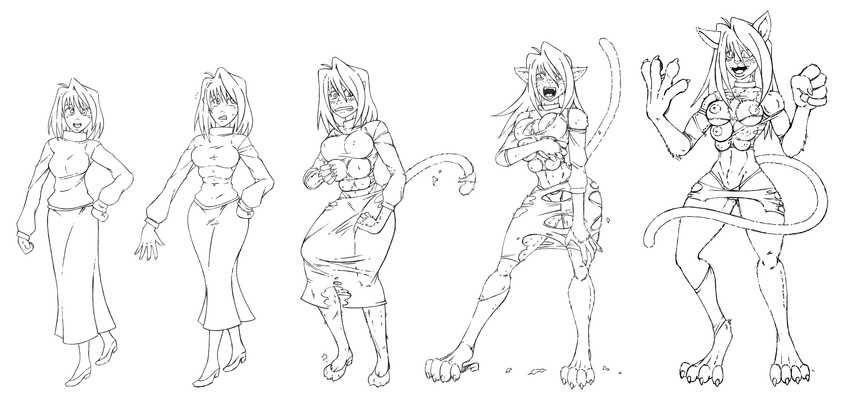 6_breasts anthro arcueid_brunestud breast_expansion breasts camel_toe clothing feline female hair human_to_anthro looking_at_viewer mammal monochrome multi_breast nipples open_mouth sequence solo standing sutibaru torn_clothing transformation underwear