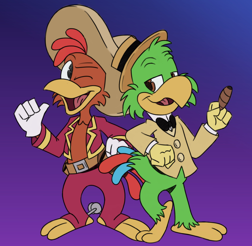 2017 anthro avian beak bird brown_eyes chicken cigar clothed clothing disney duo feathers fully_clothed green_feathers hat itoruna jos&eacute;_carioca one_eye_closed panchito_pistoles parrot simple_background standing the_three_caballeros wink