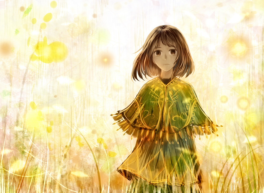 bangs bob_cut brown_eyes brown_hair capelet closed_mouth commentary_request dress grass green_capelet green_dress light looking_at_viewer original sakimori_(hououbds) solo