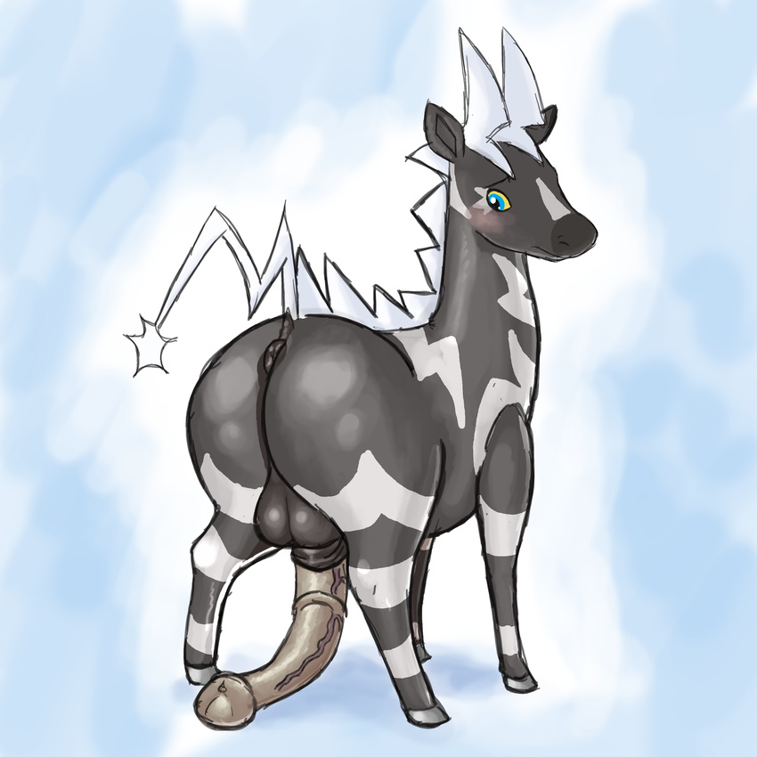 2014 animal_genitalia animal_penis anus backsack balls big_penis black_fur blue_eyes blush butt equine equine_penis feral fur half-erect hi_res hooves long_penis looking_back male mammal multicolored_fur nintendo nokemop penis penis_backwards pok&eacute;mon simple_background slightly_chubby solo standing two_tone_fur video_games white_fur yellow_sclera zebstrika