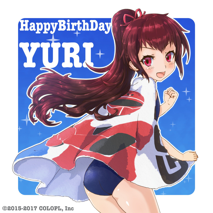 absurdres battle_girl_high_school character_name commentary_request happy_birthday highres himukai_yuri long_hair looking_at_viewer open_mouth ponytail red_eyes red_hair solo swimsuit towel