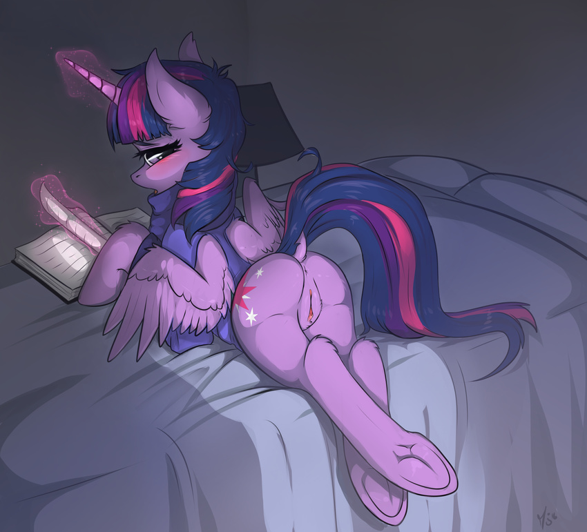 2016 aelsiiz anus bed blush book butt clothed clothed_feral clothing crossed_legs cutie_mark dock equine feathered_wings feathers female feral friendship_is_magic fur furgonomics glowing hair hooves horn inside looking_at_viewer looking_back lying magic mammal multicolored_hair my_little_pony on_bed open_mouth purple_feathers purple_fur pussy raised_tail rear_view solo twilight_sparkle_(mlp) underhoof winged_unicorn wings