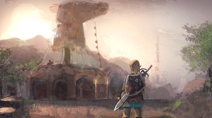 arms_at_sides blonde_hair building commentary_request day from_behind gauntlets grass highres hut kumamoto_nomii-kun link outdoors pants pointy_ears ponytail scenery shield standing sun sword the_legend_of_zelda the_legend_of_zelda:_breath_of_the_wild tower tree tunic weapon weapon_on_back