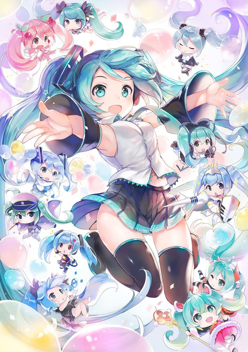 aqua_eyes aqua_hair blue_hair boots cherry_hair_ornament chibi closed_eyes commentary_request detached_sleeves food_themed_hair_ornament goodsmile_company goodsmile_racing green_hair hair_ornament hat hatsune_miku hatsune_miku_(append) headphones highres lance long_hair magical_mirai_(vocaloid) multiple_girls necktie open_mouth outstretched_arms peaked_cap pink_hair polearm racing_miku racing_miku_(2015) sakura_miku senbon-zakura_(vocaloid) shield shinkai_shoujo_(vocaloid) sibyl skirt songover tell_your_world_(vocaloid) thigh_boots thighhighs twintails very_long_hair vocaloid vocaloid_append weapon yuki_miku