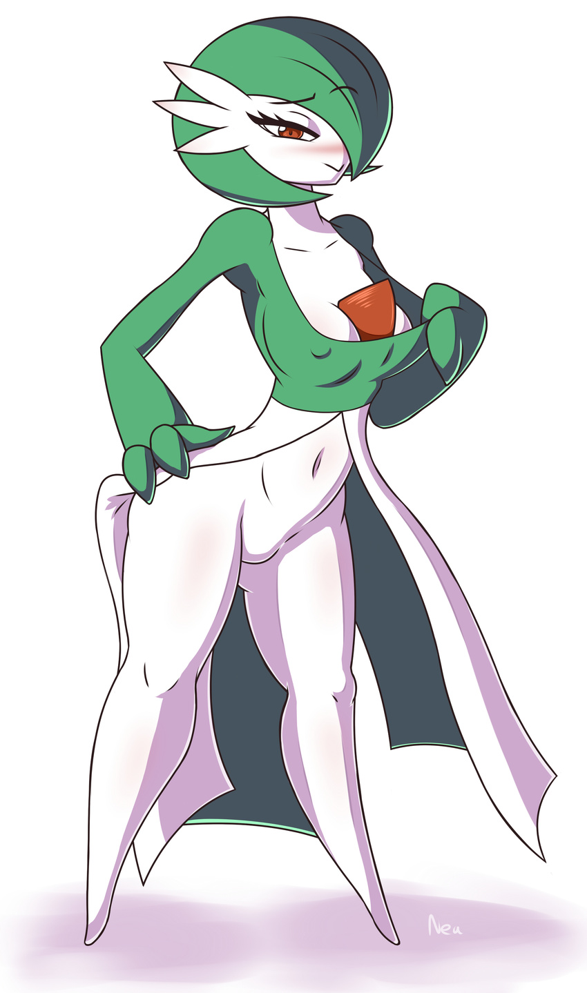 1girl absurdres blush breasts cleavage collarbone erect_nipples eyebrows_visible_through_hair full_body gardevoir green_hair hair_over_one_eye half-closed_eyes hand_on_hip hand_up legs_apart medium_breasts navel neayix no_humans no_pussy pokemon pokemon_(creature) pokemon_rse shirt_pull short_hair signature simple_background smile solo standing text white_background