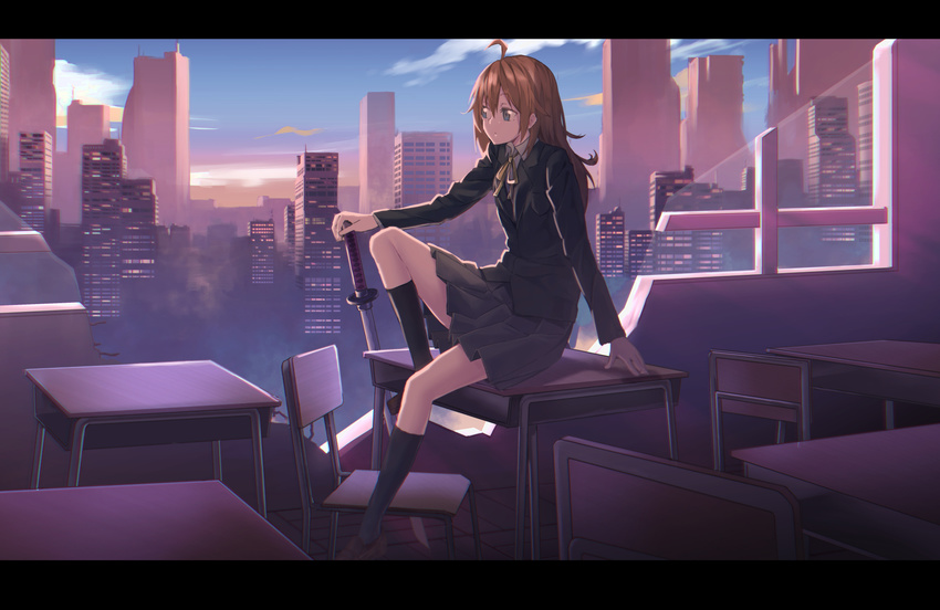 :/ ahoge arm_support blazer blonde_hair blue_eyes blue_legwear blue_skirt brown_footwear building chair closed_mouth cloud collared_shirt damaged day desk from_side full_body hand_on_hilt highres jacket kneehighs loafers long_hair long_sleeves looking_to_the_side megumegu_hosi_117 neck_ribbon original outdoors parquet_floor pleated_skirt rebar ribbon school_desk school_uniform shirt shoes sitting skirt sky skyscraper solo sunset sword weapon white_shirt wing_collar yellow_ribbon