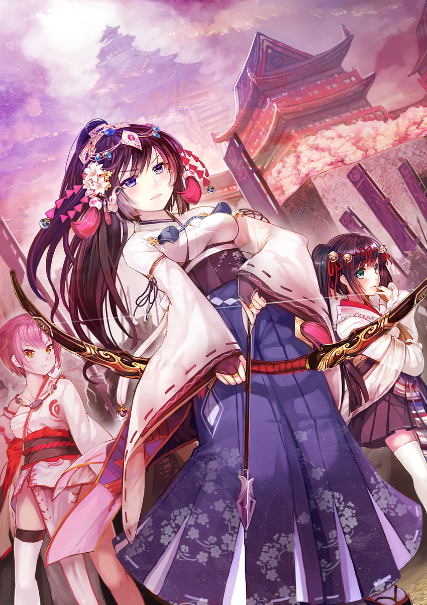 architecture arrow bible_bullet bilibili_douga black_hair black_skirt blue_eyes blue_hakama bow_(weapon) breasts bridal_gauntlets collarbone dutch_angle east_asian_architecture eyebrows_visible_through_hair from_below green_eyes hadanugi_dousa hair_ornament hair_ribbon hakama heterochromia high_ponytail highres holding holding_arrow holding_bow_(weapon) holding_weapon japanese_clothes kimono long_hair medium_breasts miniskirt multiple_girls obi outdoors pink_hair pleated_skirt red_eyes red_ribbon ribbon ribbon-trimmed_sleeves ribbon_trim sarashi sash short_hair skirt spirtie standing thighhighs twintails underboob very_long_hair weapon white_kimono white_legwear zettai_ryouiki