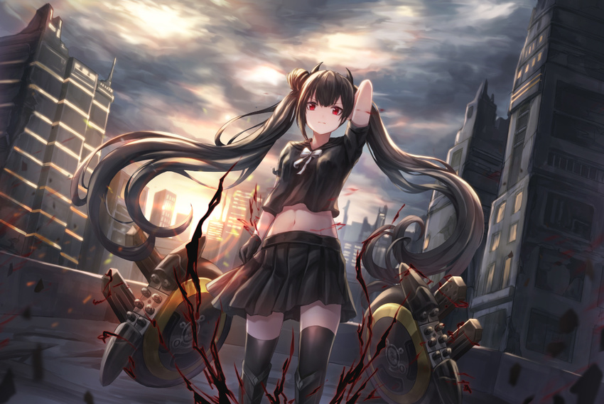 arm_up armor armored_boots aura bangs black_footwear black_gloves black_hair black_legwear black_serafuku black_skirt boots bow bowtie building closed_mouth cloud cloudy_sky commentary debris floating floating_hair floating_weapon from_below girls_frontline gloves hair_bun hand_in_hair horns lens_flare long_hair looking_at_viewer lunacle midriff navel ouroboros_(girls_frontline) outdoors pale_skin pleated_skirt red_eyes rooftop sangvis_ferri school_uniform serafuku serious skirt sky skyscraper solo standing thighhighs twilight very_long_hair weapon white_bow white_neckwear wind window zettai_ryouiki