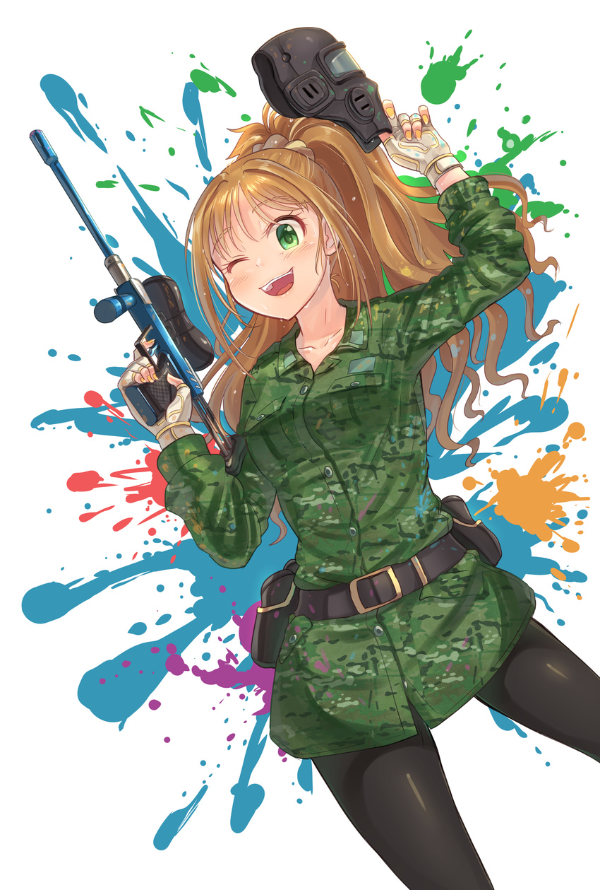 absurdres alternate_costume black_legwear blush breasts brown_hair camouflage collarbone cowboy_shot eyebrows_visible_through_hair fingerless_gloves gloves green_eyes gun highres hino_akane_(idolmaster) holding holding_gun holding_weapon idolmaster idolmaster_cinderella_girls kamille_(vcx68) large_breasts long_hair looking_at_viewer nail_polish one_eye_closed open_mouth paint paintball pantyhose ponytail smile solo teeth weapon white_gloves yellow_nails