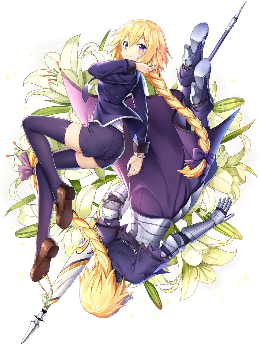 armor armored_boots armored_dress black_bow black_jacket black_legwear black_neckwear black_shorts blonde_hair boots bow braid drogoth dual_persona eyebrows_visible_through_hair fate/apocrypha fate_(series) gauntlets hair_bow highres holding holding_weapon jacket jeanne_d'arc_(fate) jeanne_d'arc_(fate)_(all) long_hair looking_at_viewer multiple_views necktie open_clothes open_jacket purple_eyes shirt short_shorts shorts simple_background thighhighs very_long_hair watch weapon white_background white_shirt wristwatch