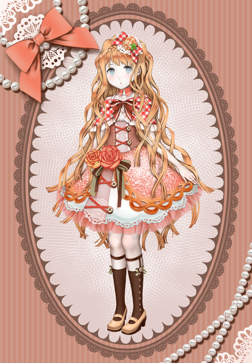 absurdres apple_pie arm_at_side bare_shoulders blonde_hair blue_eyes blush bow braid brown_bow brown_footwear brown_legwear buttons collarbone commentary_request corset crown_braid daisan_oujo detached_collar doily flower food food_themed_hair_ornament full_body hair_ornament high_heels highres ice_cream kneehighs lace long_hair looking_up mary_janes original pale_skin parted_lips pearl personification powdered_sugar red_bow red_flower red_rose rose shoes skirt solo standing striped striped_background striped_bow vertical-striped_background vertical_stripes wavy_hair yellow_flower yellow_rose